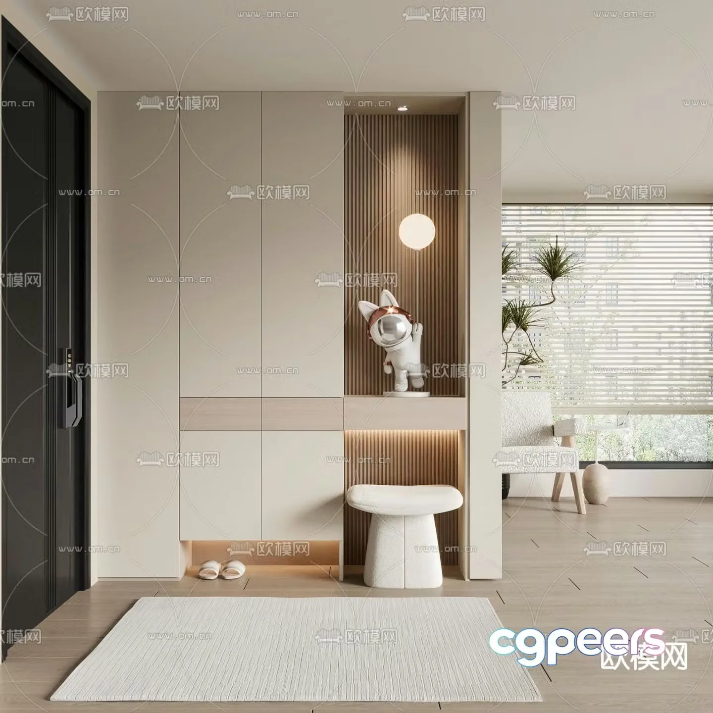 Entrance shoe cabinet and shoe changing stool 3D model