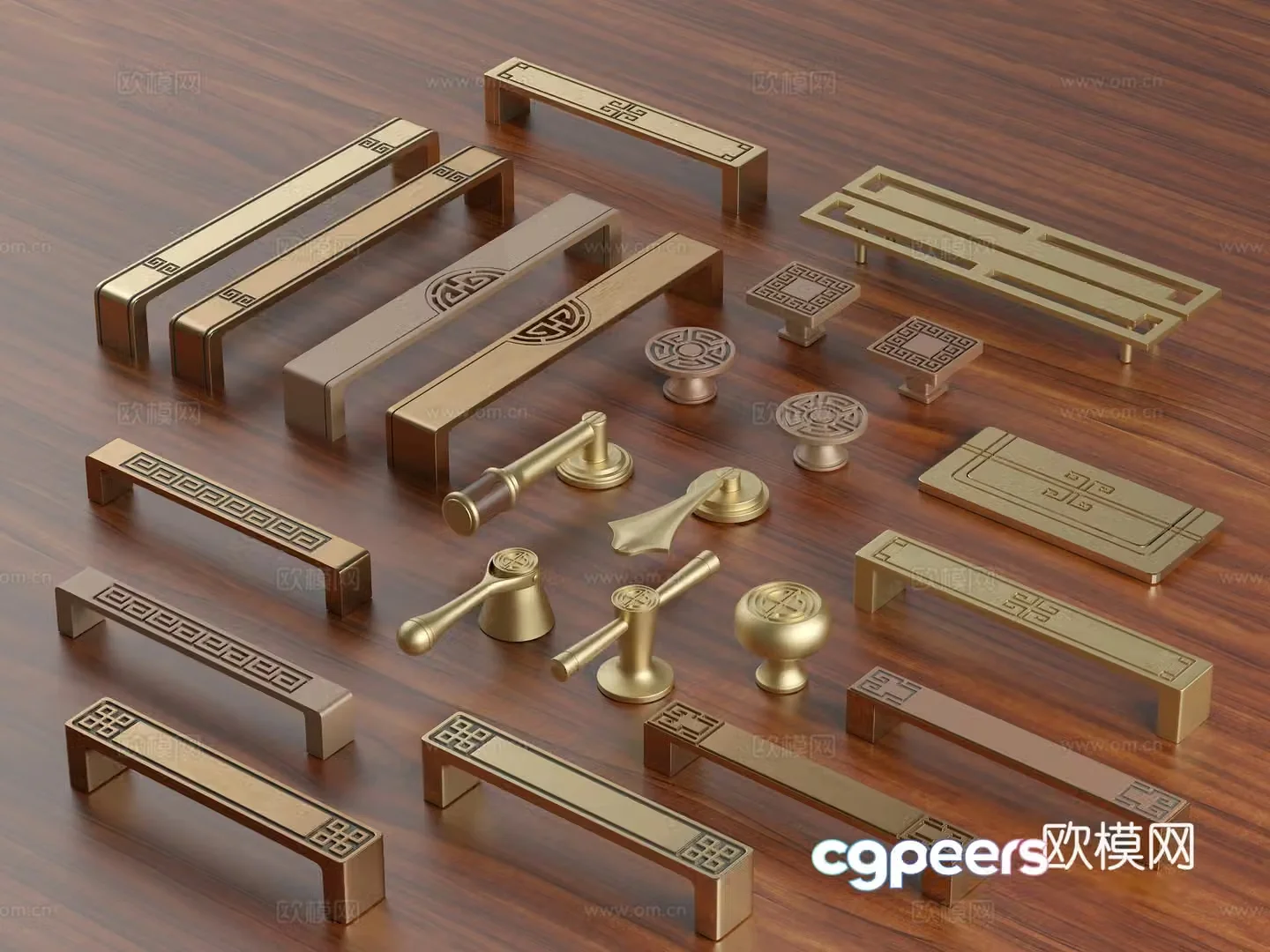 New Chinese style handle wardrobe door handle cabinet handle yellow bronze handle copper wood handle 3D model