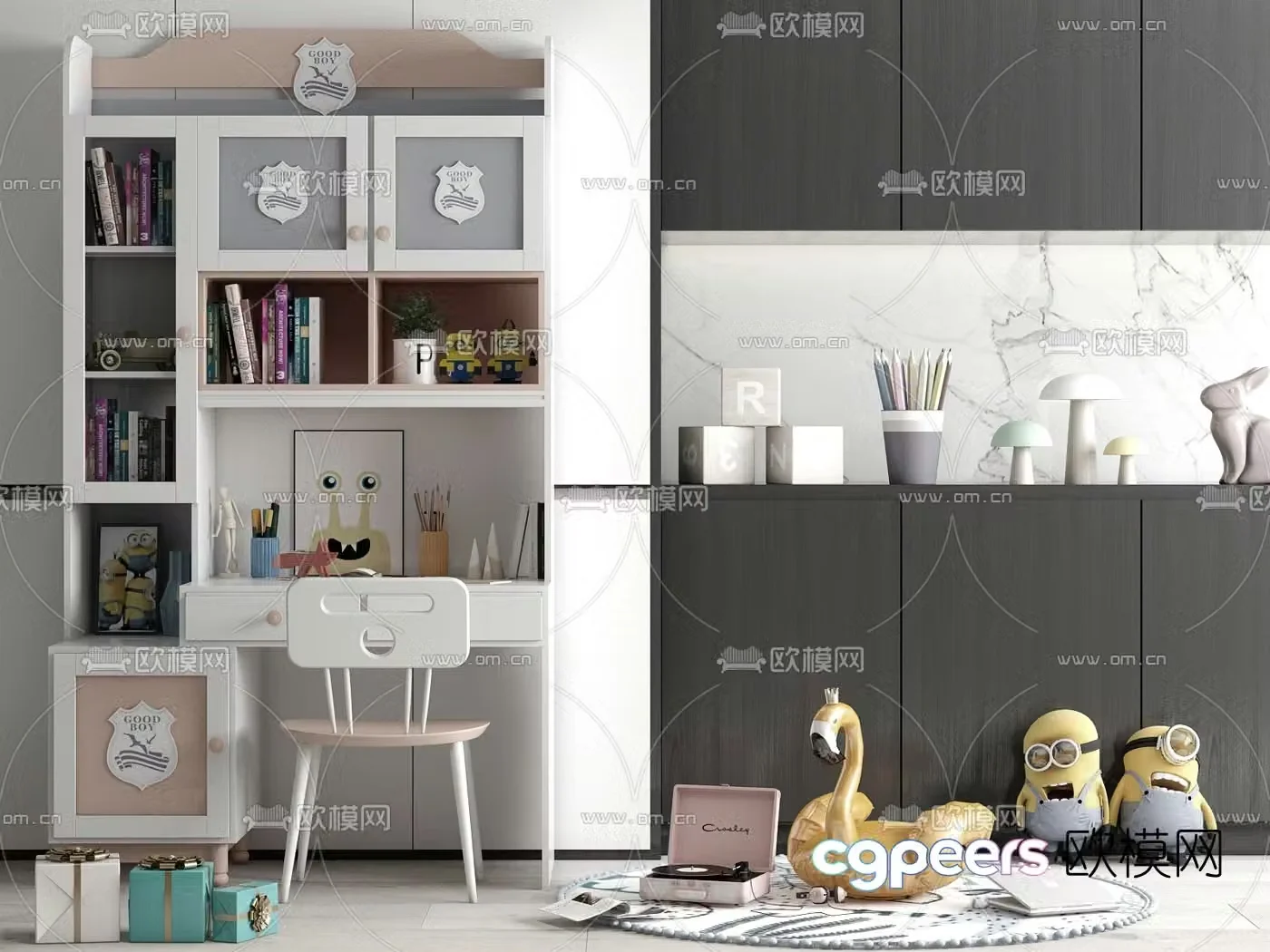 Modern children’s bookcase desk chair 3d model