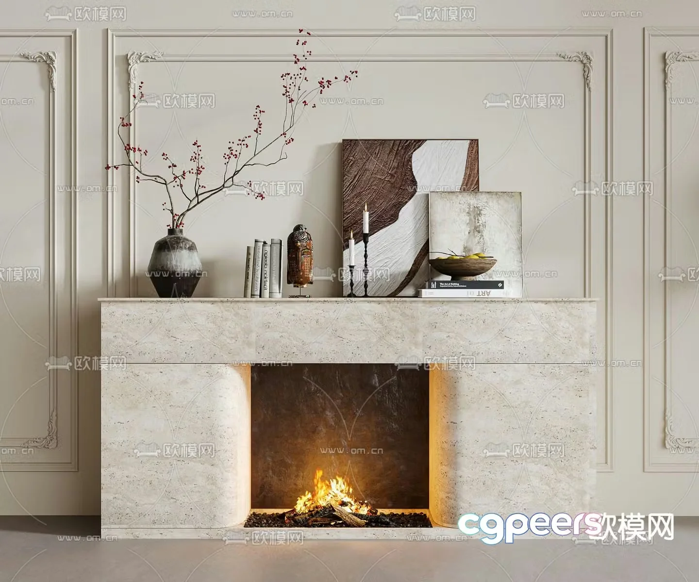french fireplace flame firewood pile 3d model