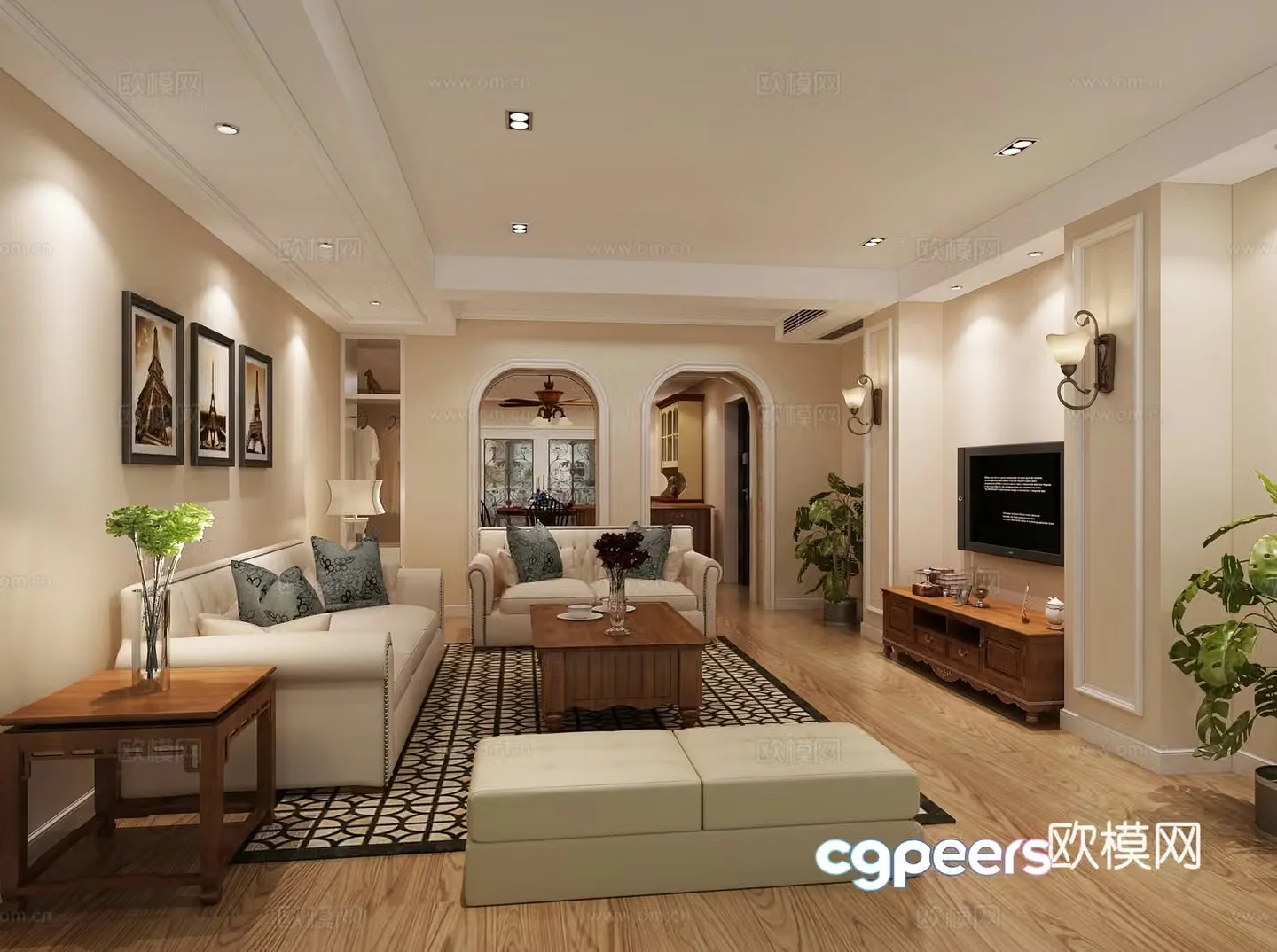 American living room sofa combination TV cabinet wall light 3d model