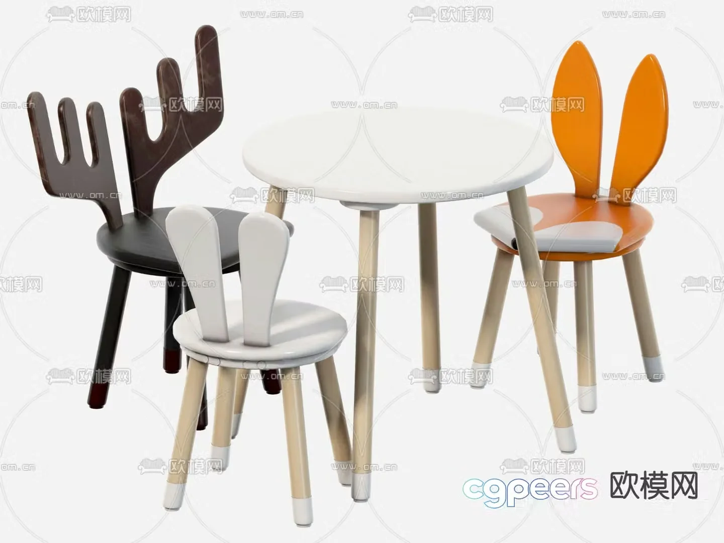 Modern rabbit ears antlers children’s table and chair 3d model