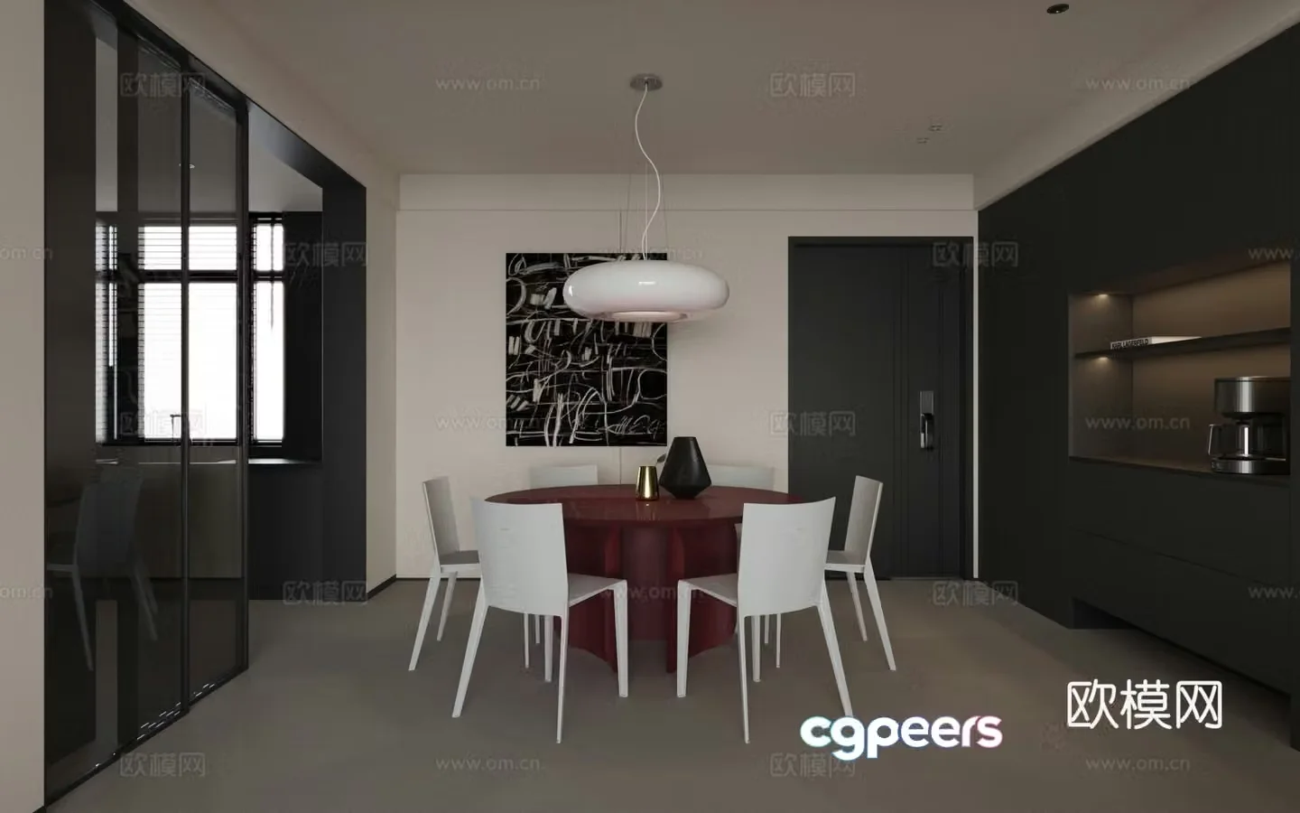 Modern restaurant dining table dining chair wine cabinet chandeliers hanging painting 3d model