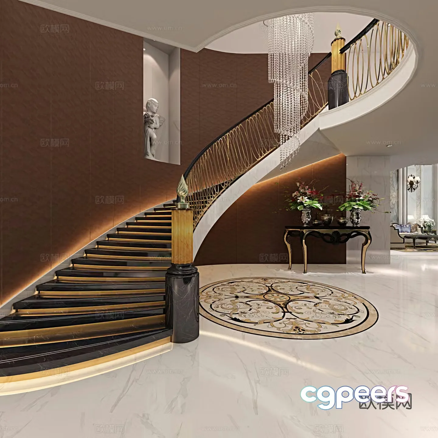 European living room stairwell sofa chandelier storage rack fireplace background wall 3d model