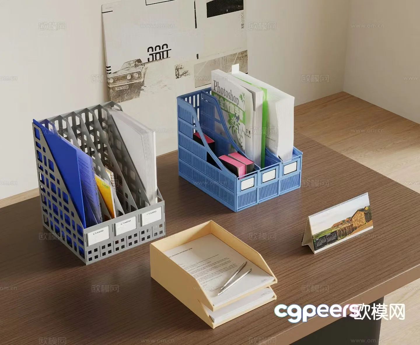Modern office supplies folder desktop book basket 3d model