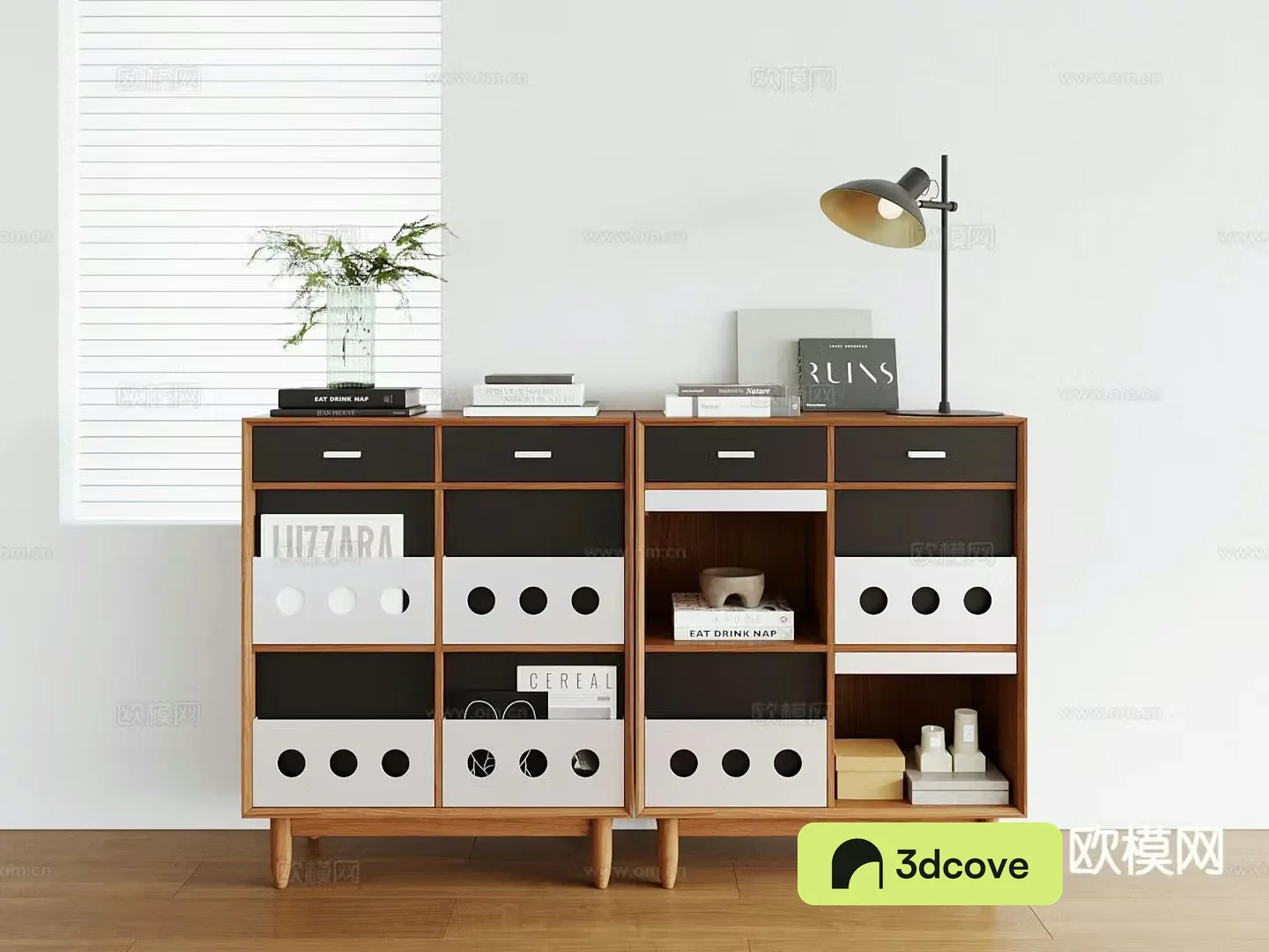 Medieval style Bauhaus four-compartment cabinet bookcase low cabinet
