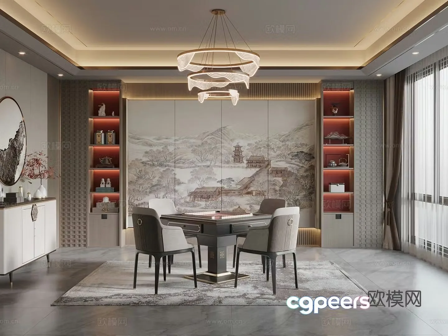 New Chinese style mahjong room chess and card room mahjong table background wall 3d model