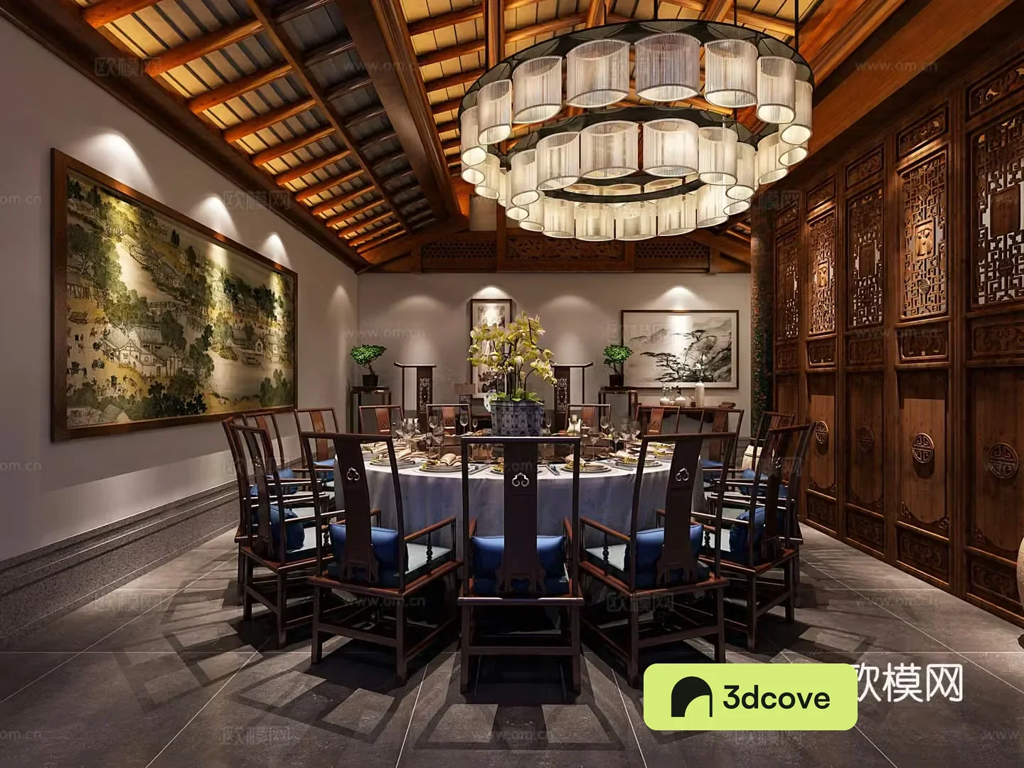 New Chinese style restaurant Round table restaurant Round dining table Large chandeliers New Chinese style partition Hanging painting