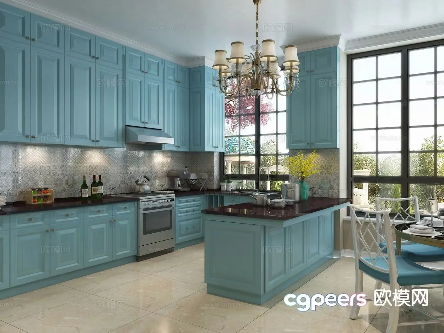 Simple European island kitchen open kitchen 3d model