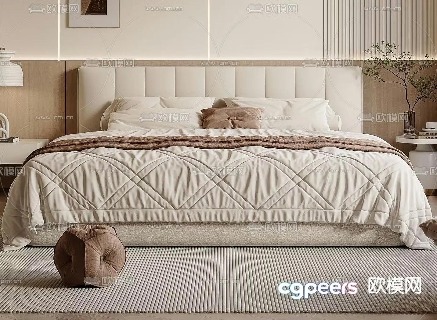 Cream style double bed 3d model