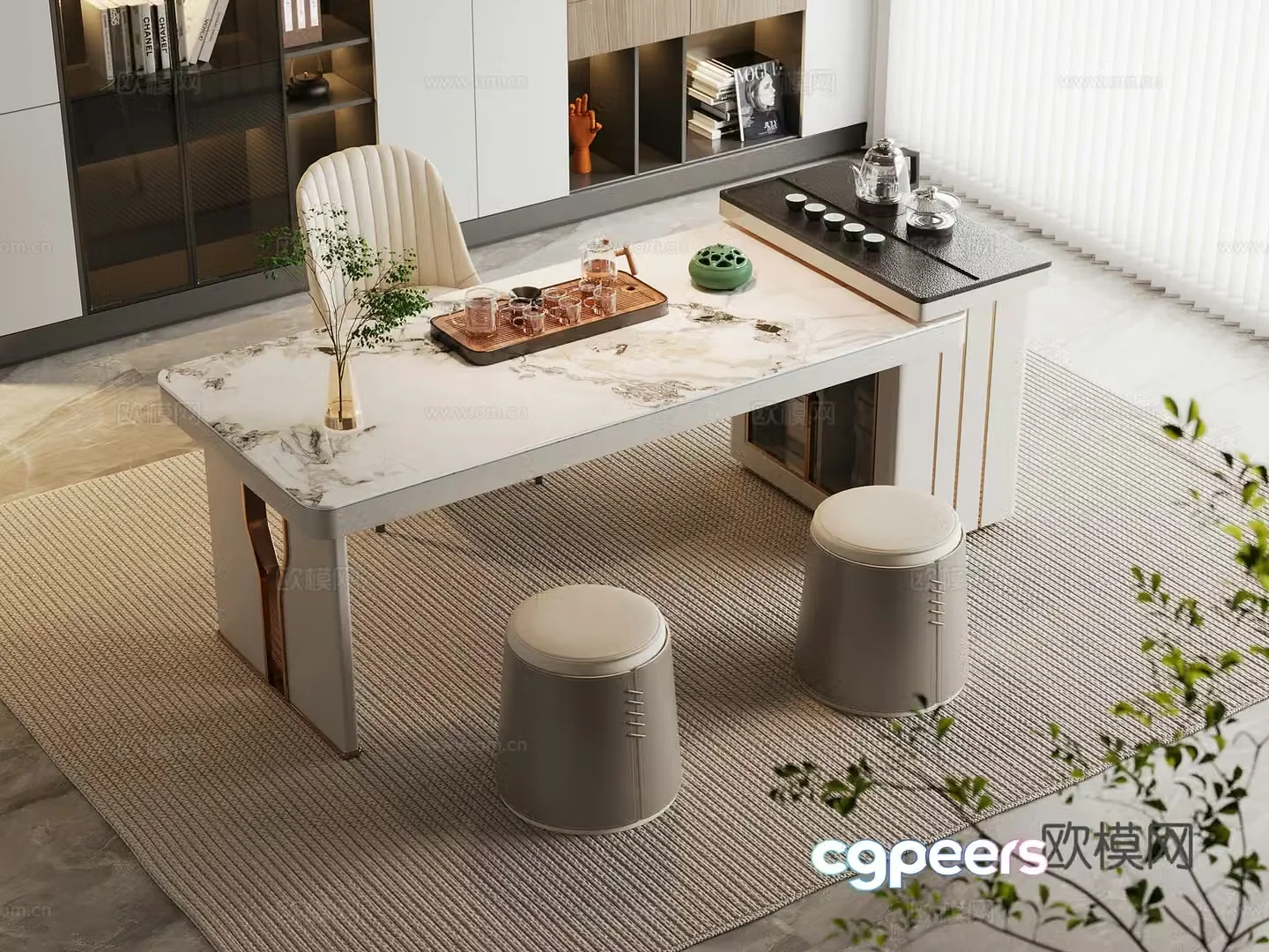 Modern tea table and chairs light luxury marble tea table and chairs rock-panel tea table tea table and sofa stool 3D model