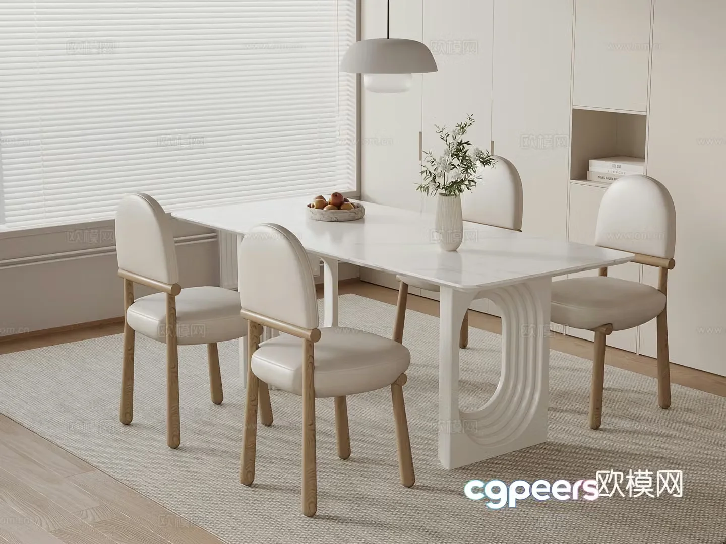 Creamy dining table and chair chandelier 3d model