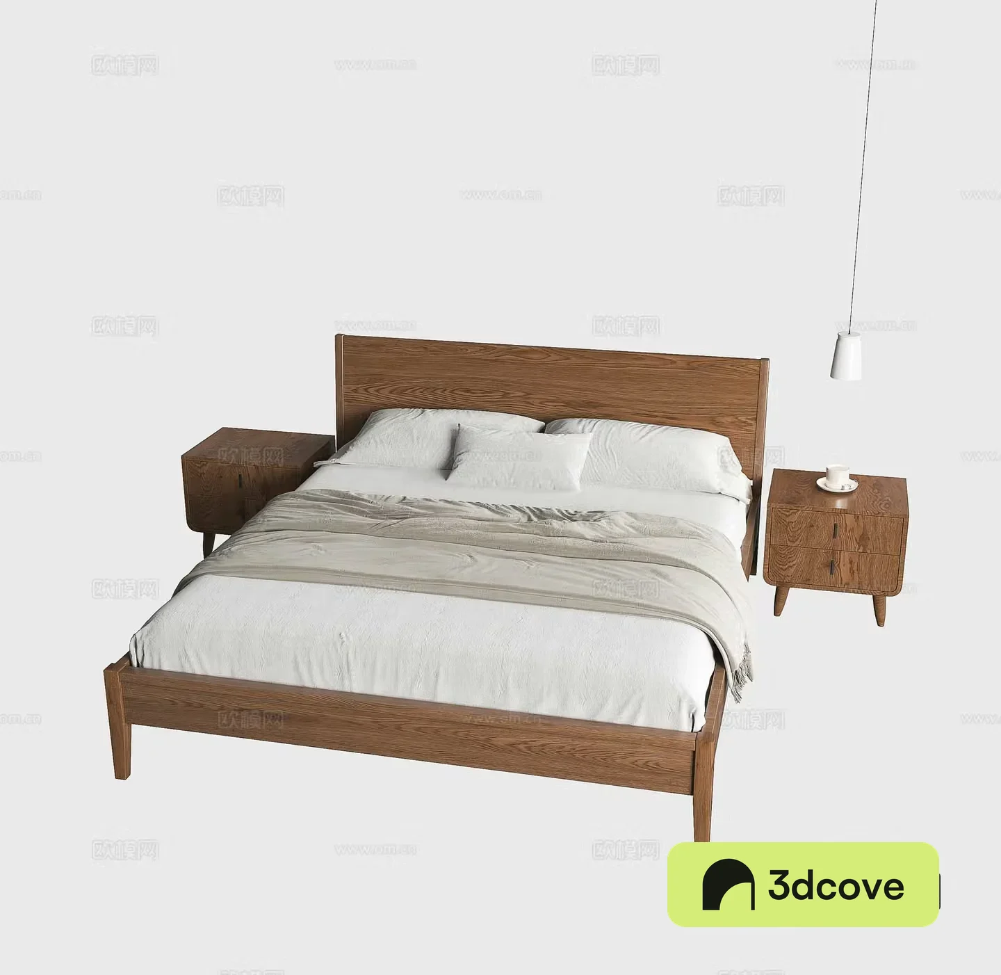 Nordic bed Japanese style bed Medium style bed Modern solid wood bed Bedside chandelier Bedside table 3D model