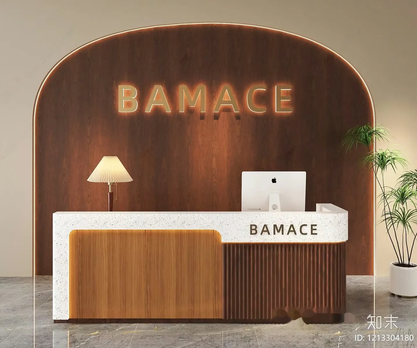 A Reception Desk With A Computer And Plant 3D Model – 16070 – VRAY Render