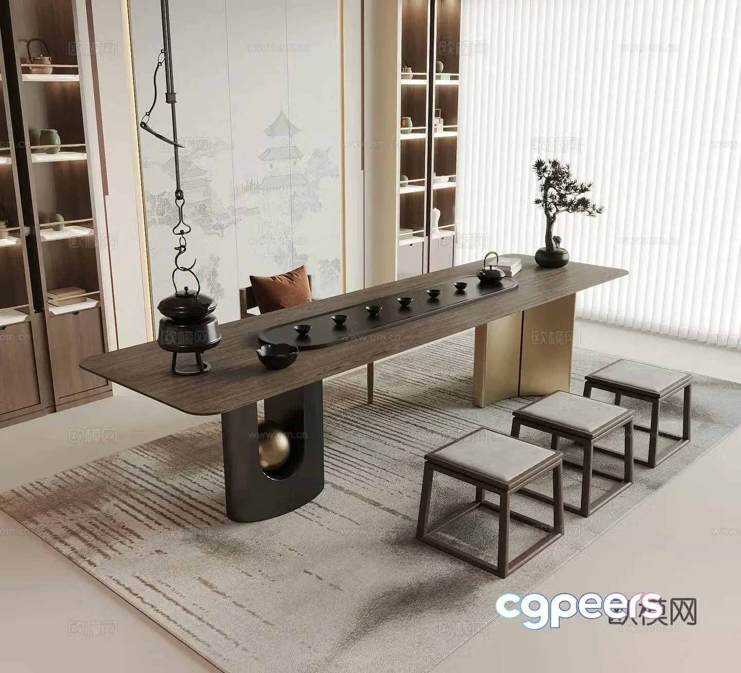 New Chinese style tea table and chairs background wall tea cabinet tea set tea room hanging teapot stool 3d model