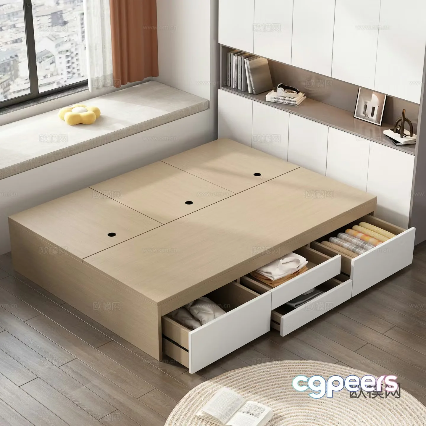 Tatami solid wood push and pull bed Folding clothes Locker Books Pillow Bathroom Window Ornaments 3D Model