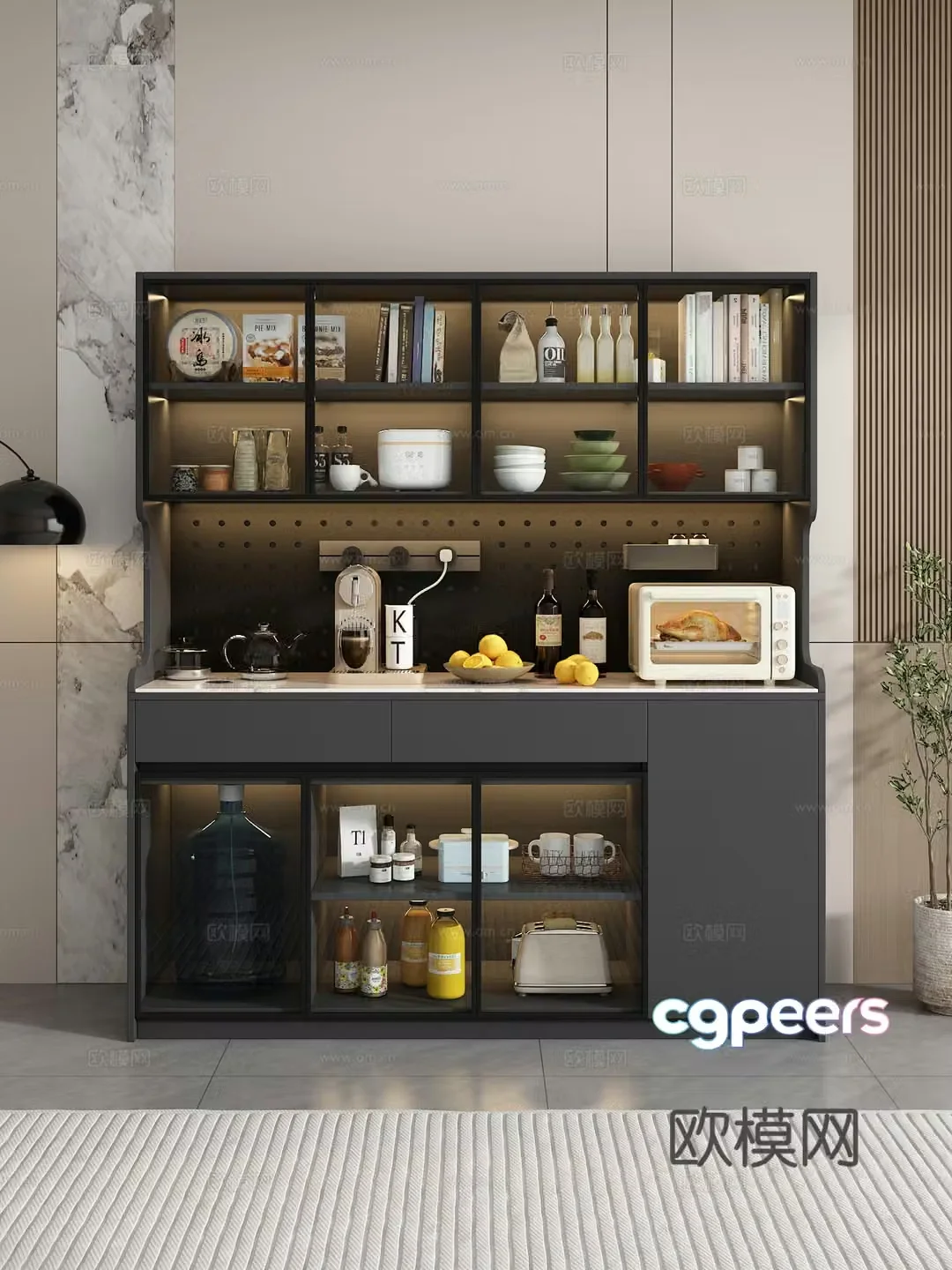 Sideboard Wine Cabinet Coffee Machine Ornaments Ornaments Potted Plants Kitchen Supplies Microwave Bucket 3D Model