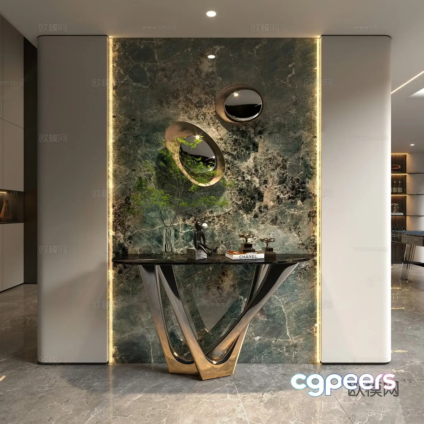Modern Italian style entrance hall_Light luxury foyer end viewing platform_Entertainment background wall_Light luxury art decorative pendant 3D model