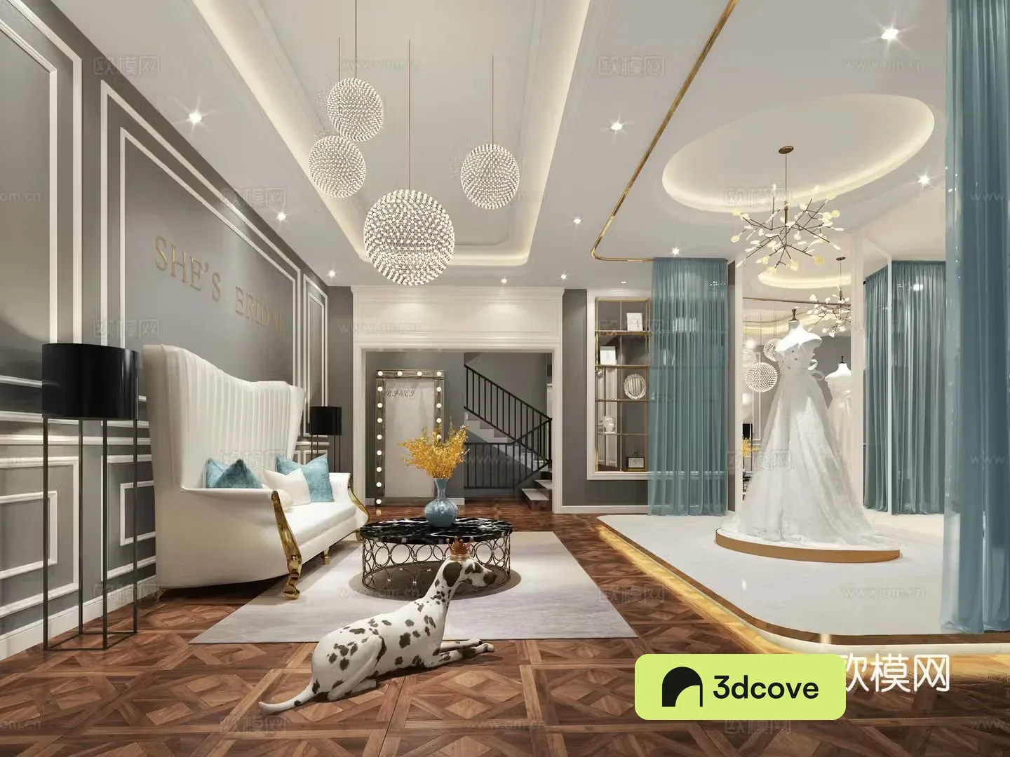 Nordic wedding photography house chandeliers luxury sofa wedding dress model spot dog