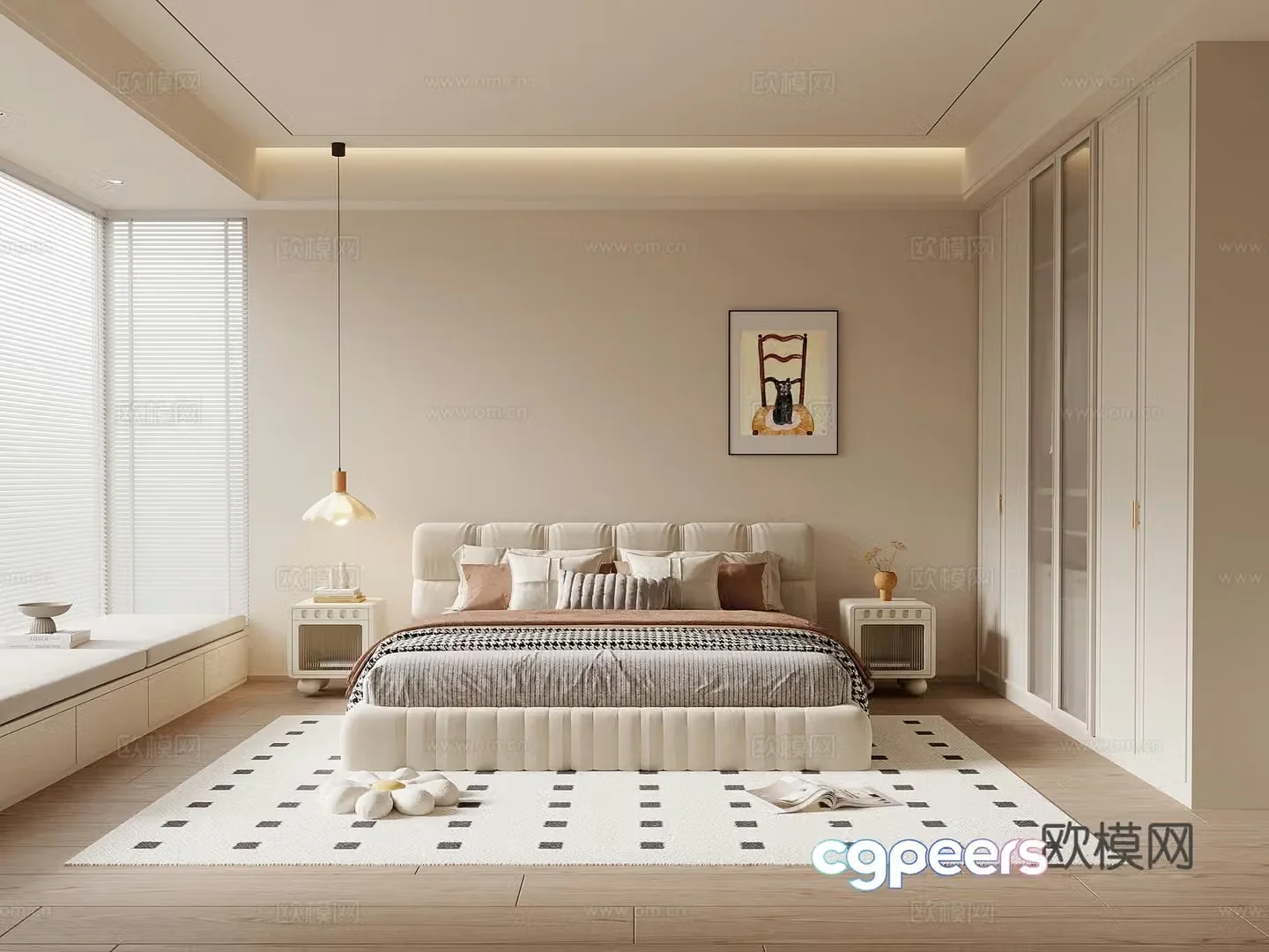Modern cream style bedroom fabric double bed nightstand chandeliers decorative painting 3d model