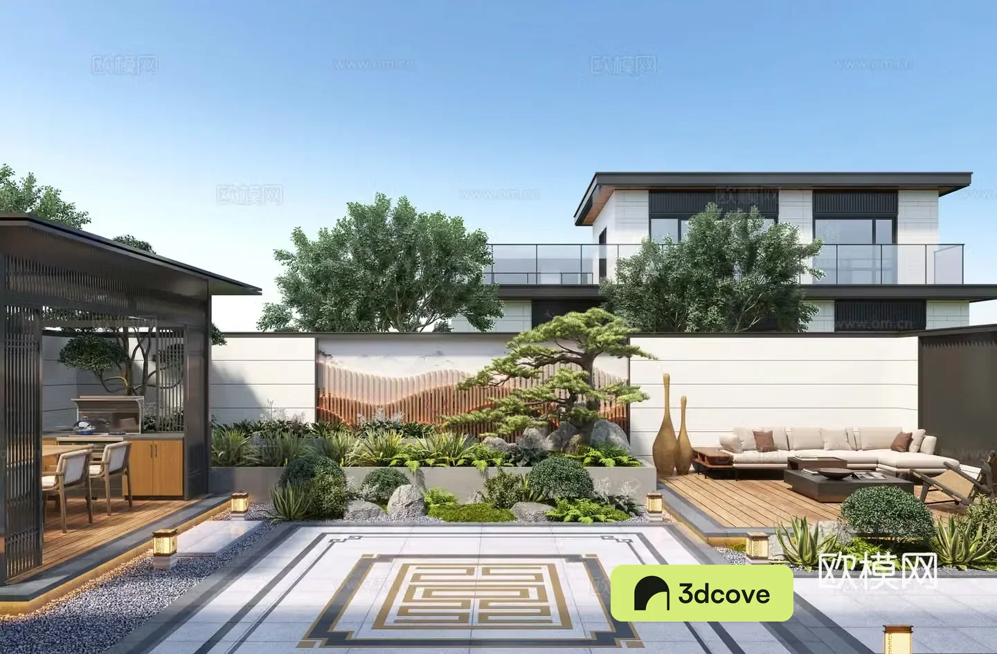 New Chinese style courtyard landscape family courtyard landscape sketch pavilion rockery waterscape landscape wall
