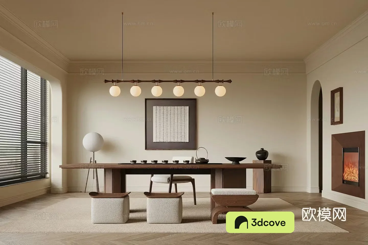 Middle-aged tea room tea table chair tea table tea set 3D model