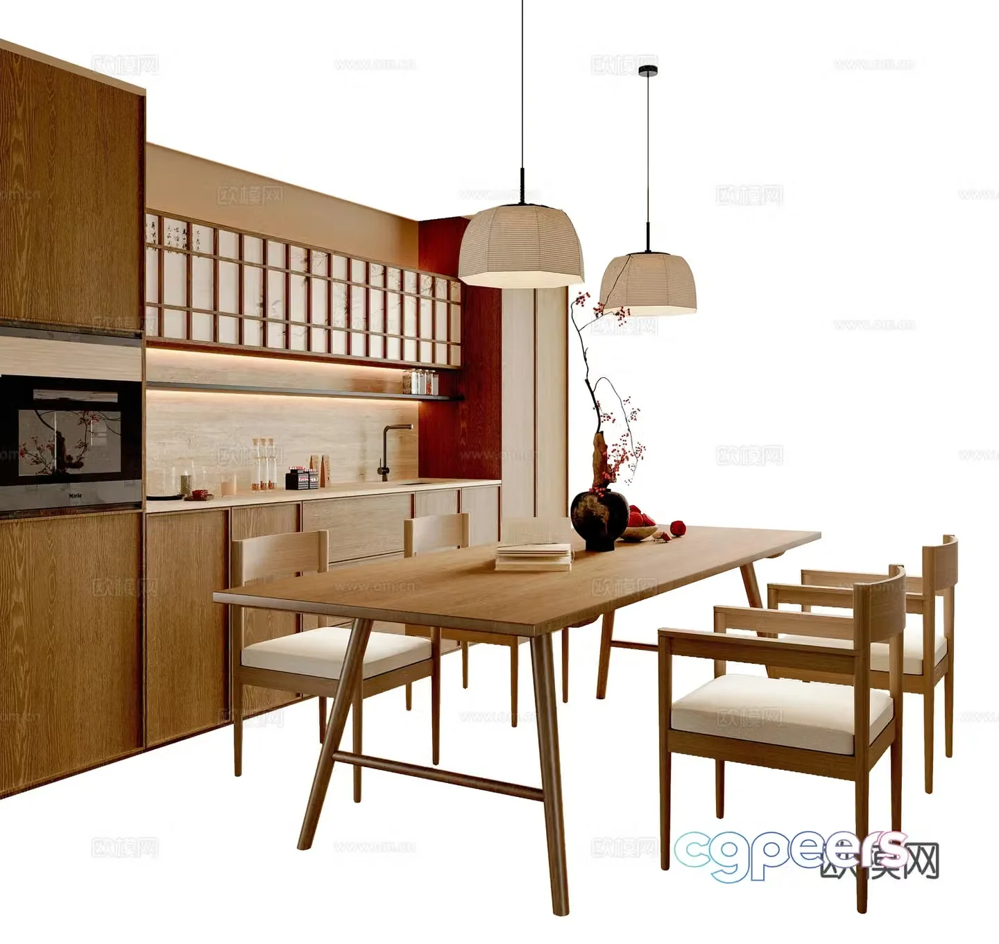 New Chinese style dining table and chair combination dining chair long table chandelier sideboard 3D model