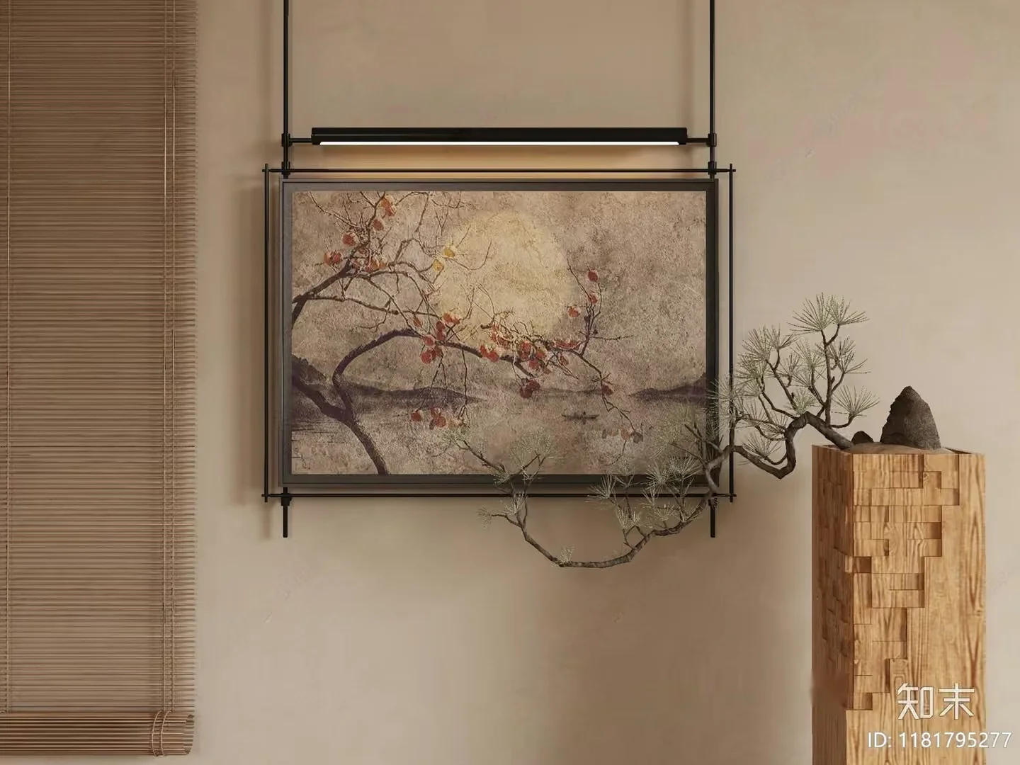 A Japanese-Style Painting Of A Tree With Red Leaves And A Full Moon In 3D Model – 10751 – VRAY Render