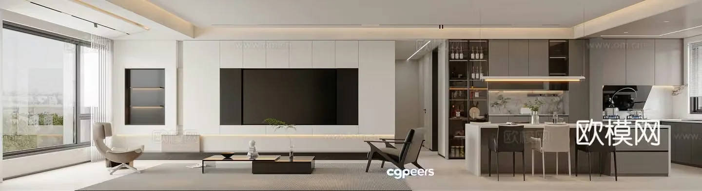 Modern living and dining room 3d model