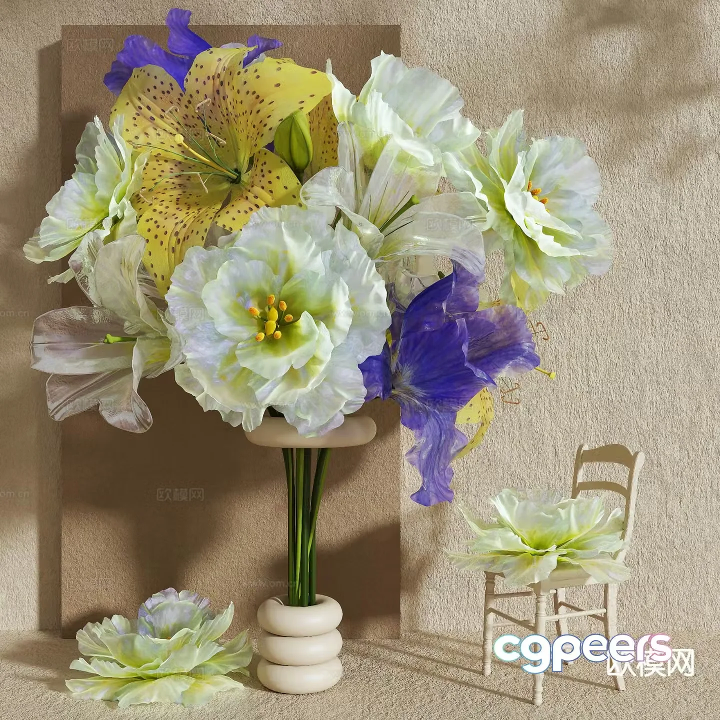 Vase Floral Art Paper Art Large Flower Art Ornament 3D Model