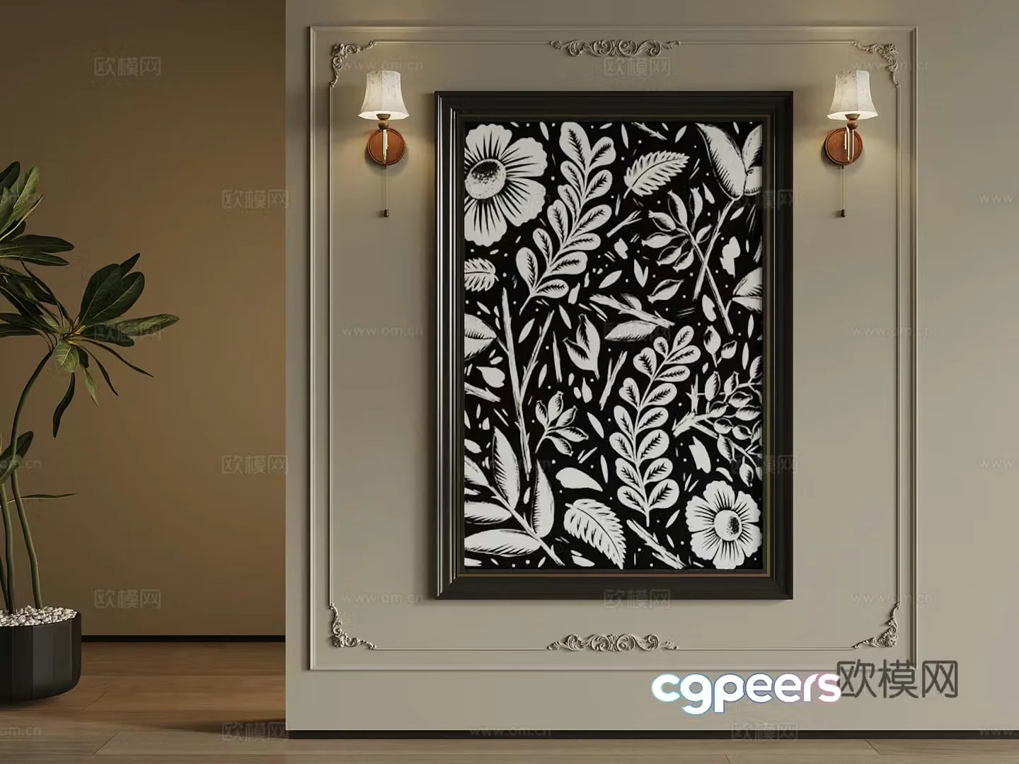 French retro style hanging paintings decorative paintings wall lights 3d model