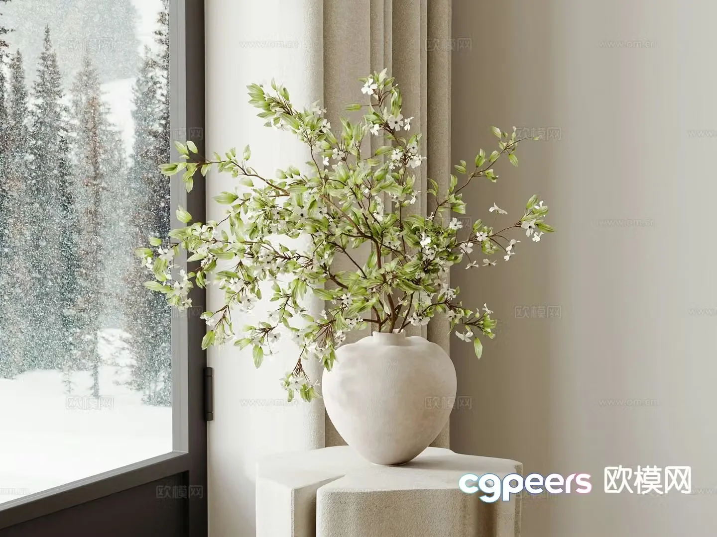Cream style vase floral arrangement green plant vase 3d model