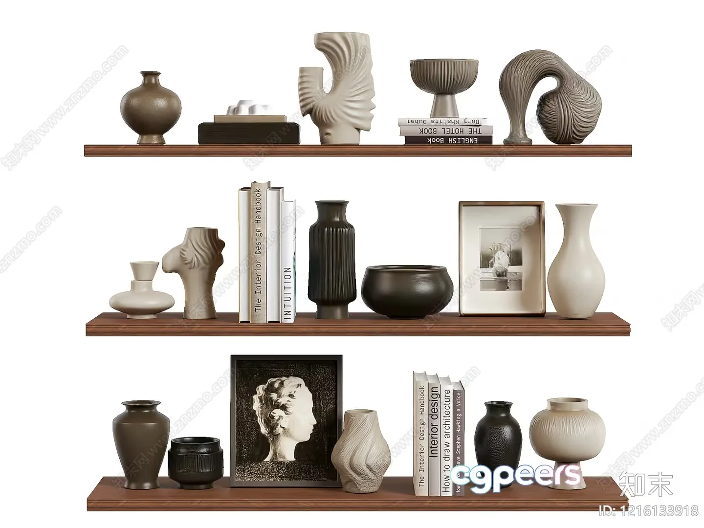 A Shelf With Books And Vases 3D Model – 11360 – VRAY Render