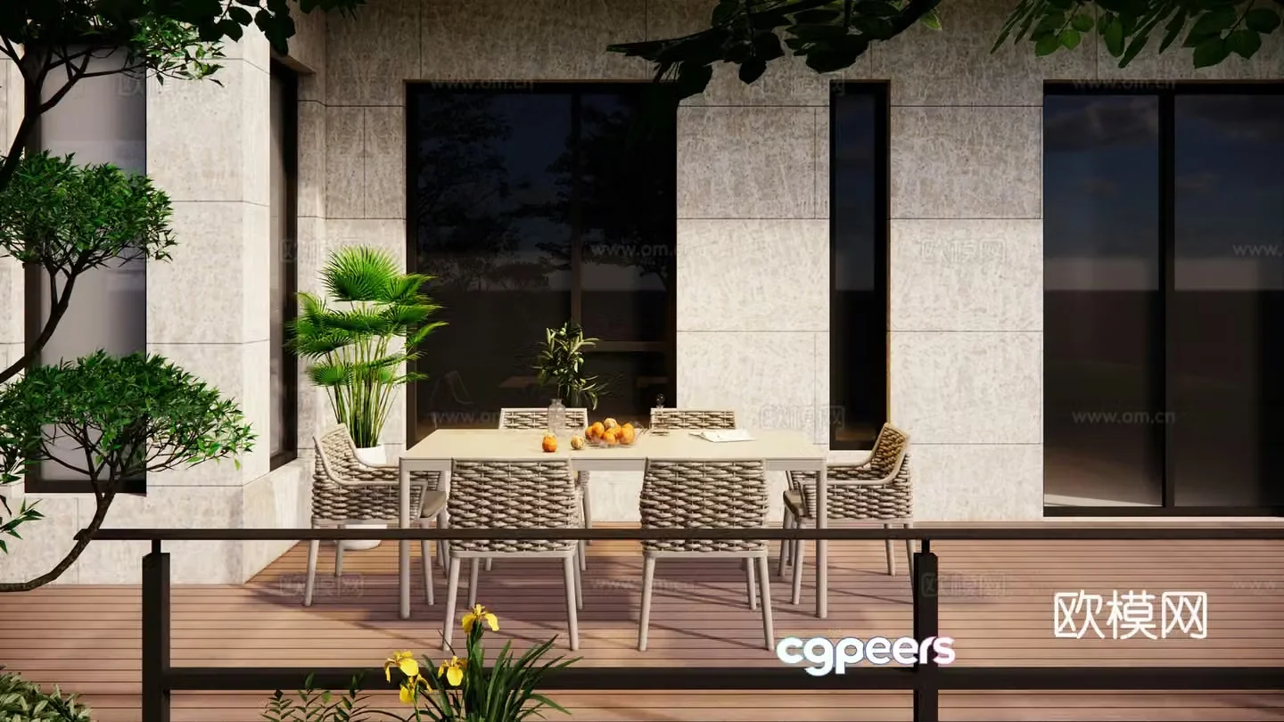 Modern outdoor courtyard garden Self-built house villa landscape Metal long dining table and chairs Water system Mountain and stone 3D model