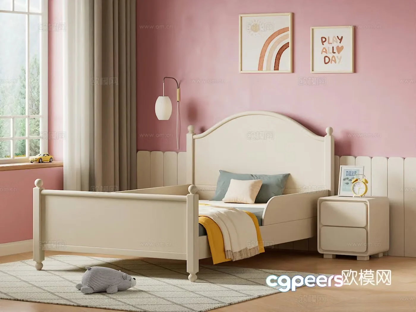 Simple modern children’s bed cream style children’s bed white solid wood single bed bed nightstand children’s 3D model