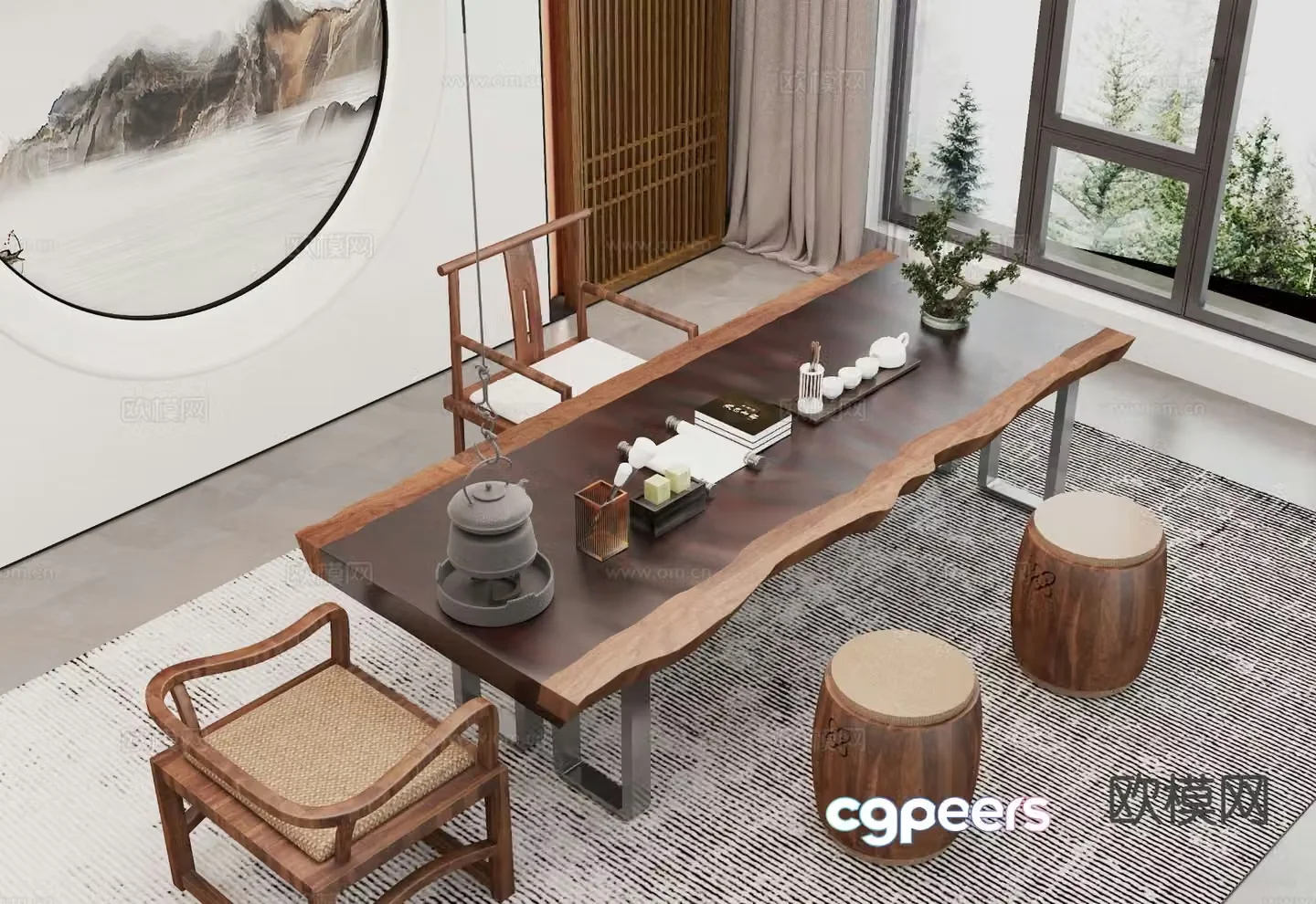 New Chinese tea table and chairs 3d model