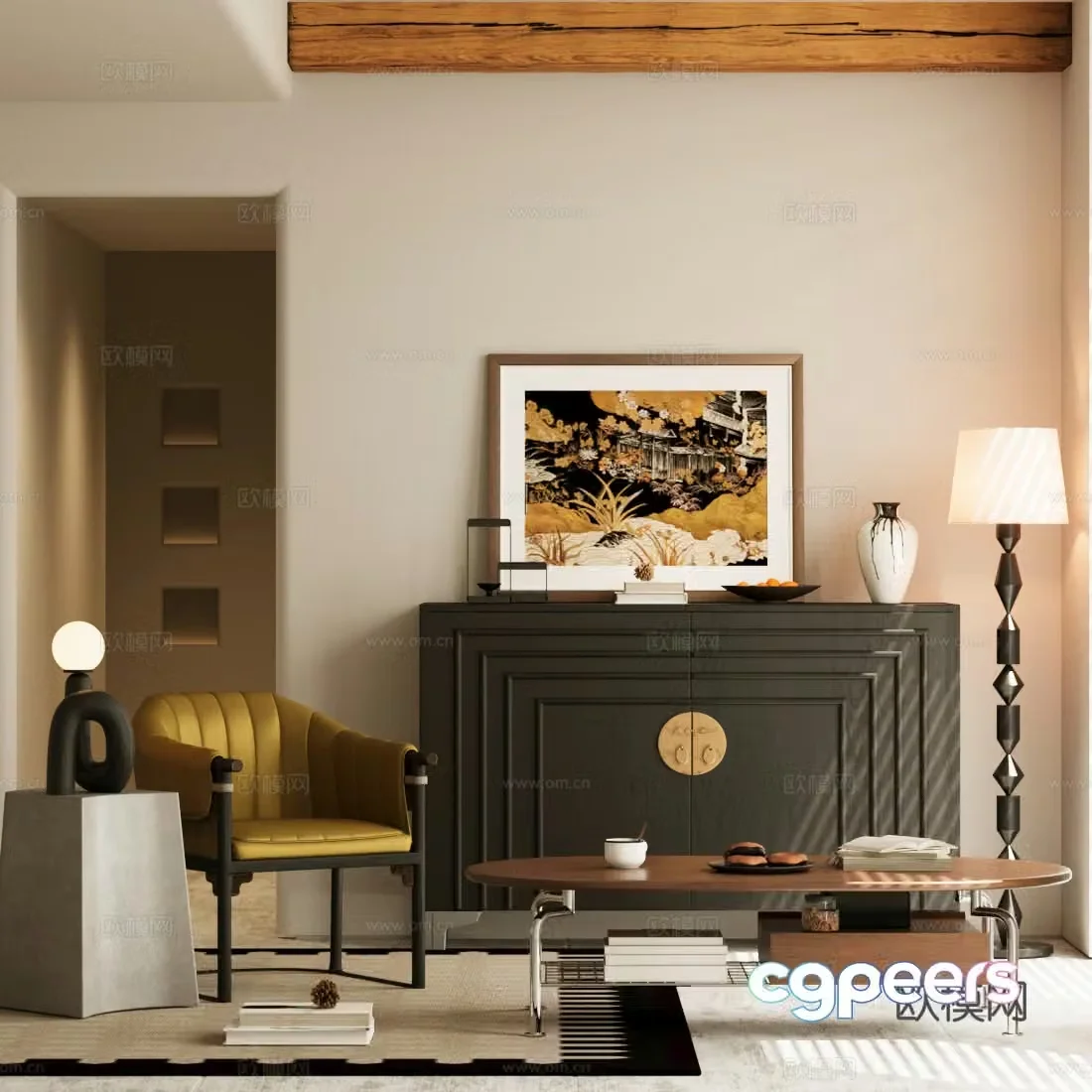 Middle-aged style entrance cabinet end view cabinet leisure chair coffee table 3D model