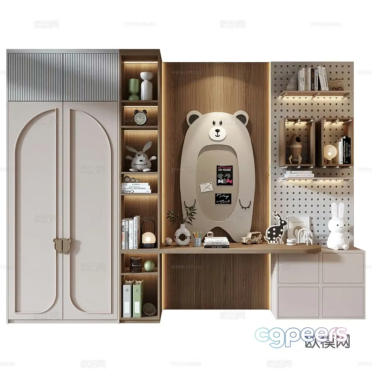 Modern cream style children’s wardrobe bookcase combination 3D model