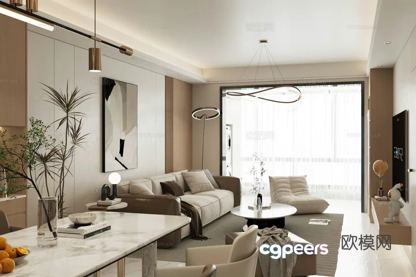 Modern living and dining room sofa coffee table Italian light luxury living and dining room large flat floor living and dining room horizontal living room 3D model
