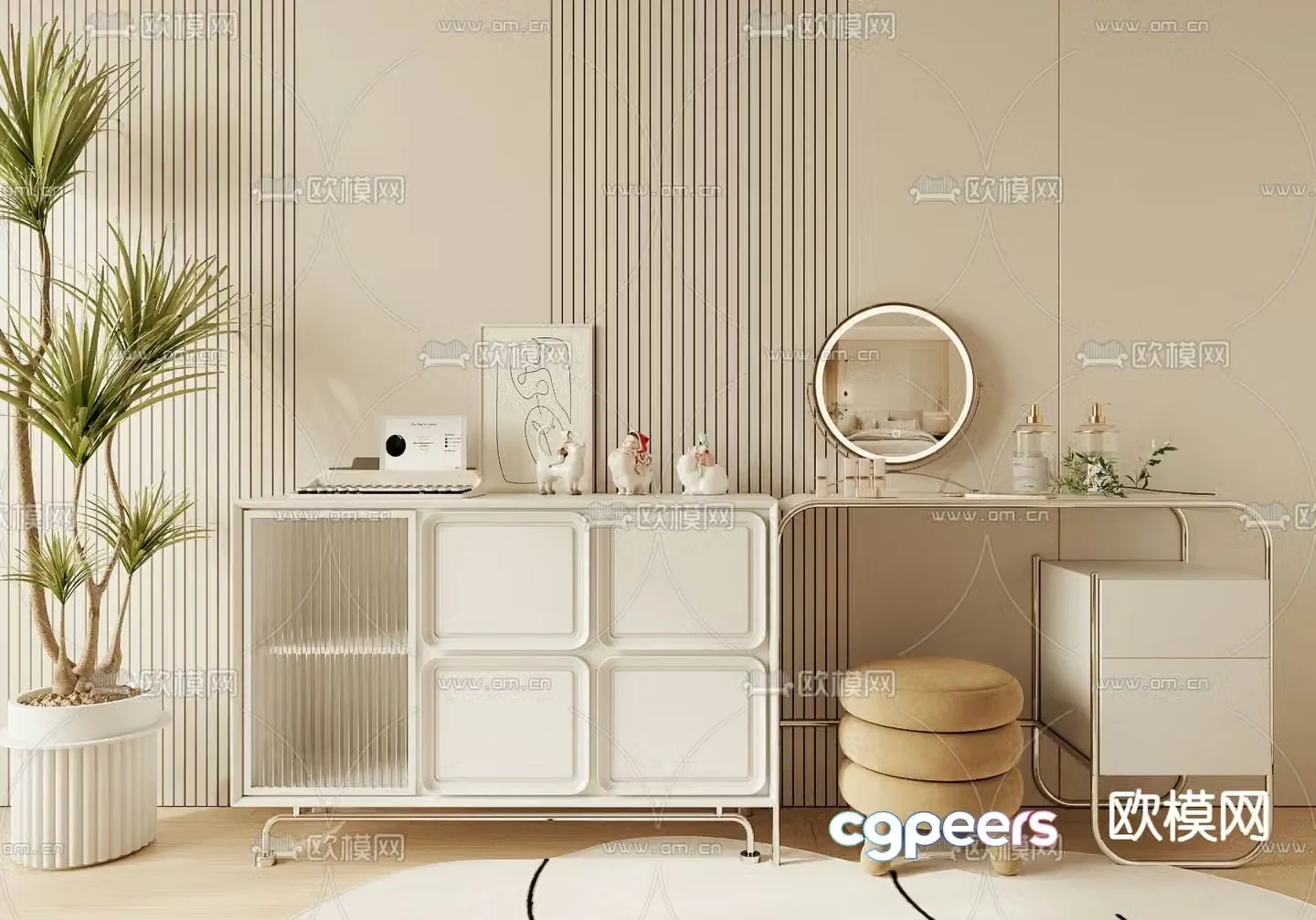Cream style dressing table makeup table 3d model