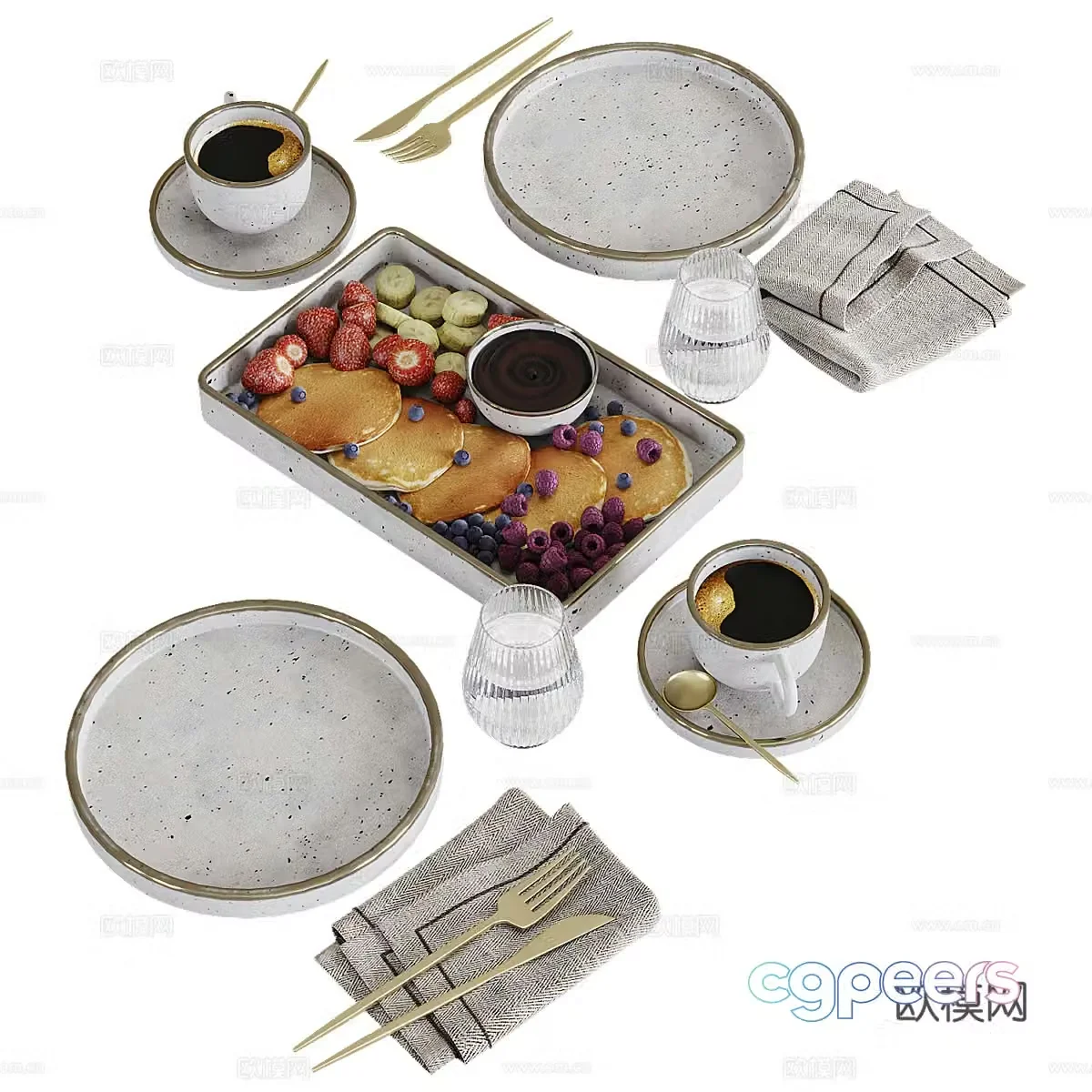 American tableware breakfast food 3d model