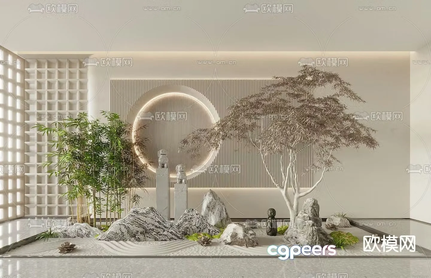Landscape sketch bamboo landscaping stone lion sculpture 3D model