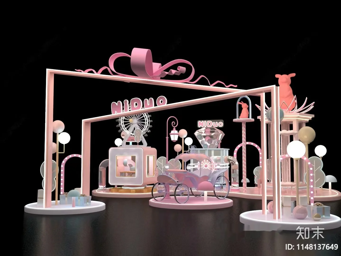A Pink And White Stage With Various Objects Including A Car 3D Model – 8553 – VRAY Render