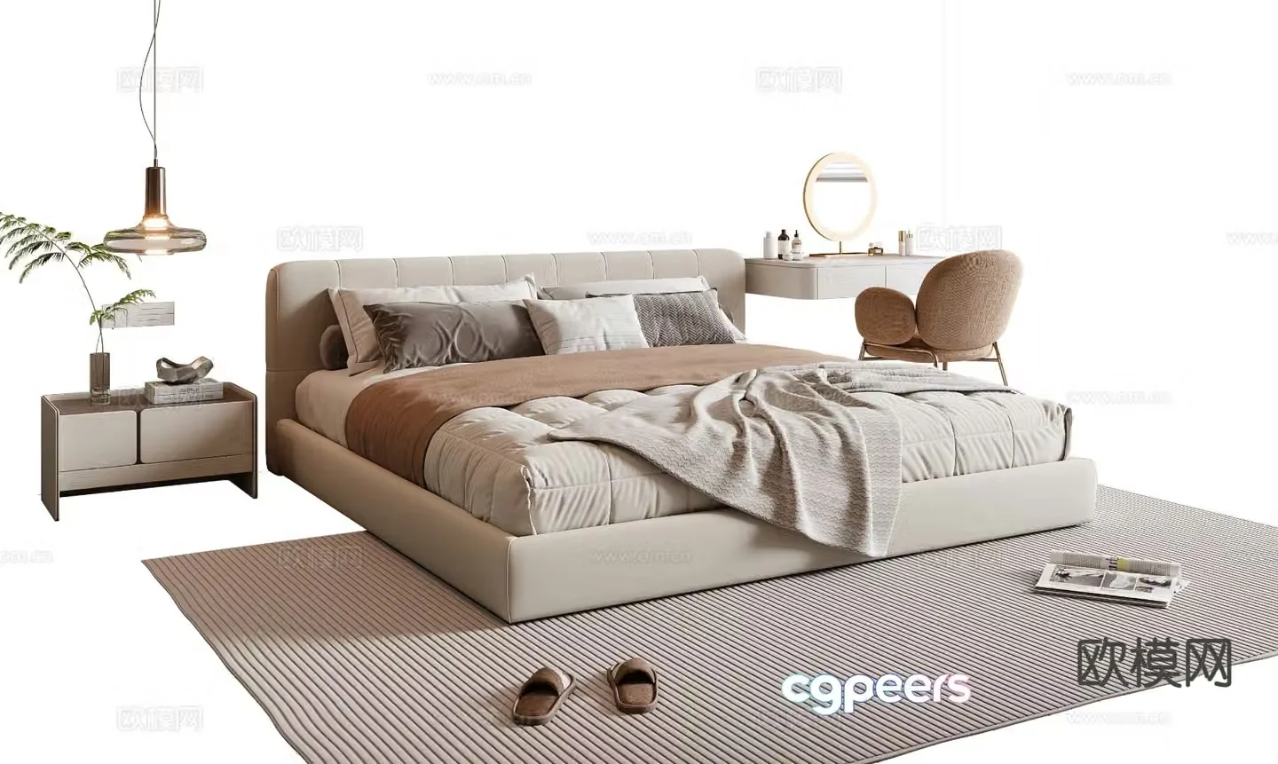 Cream style double bed 3d model