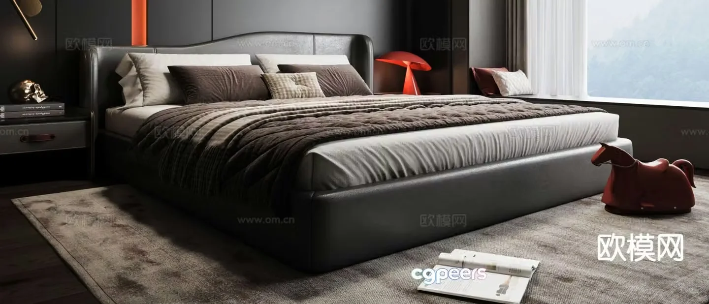 Dark style double bed 3d model