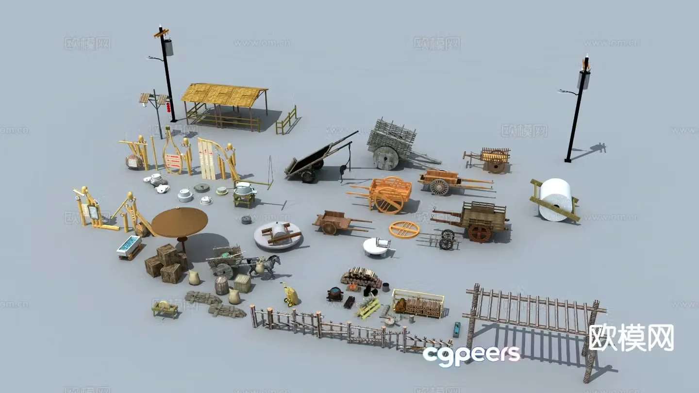 Chinese farm tools sketch carriage cart ancient building grindstone firewood street lamp sack 3D model