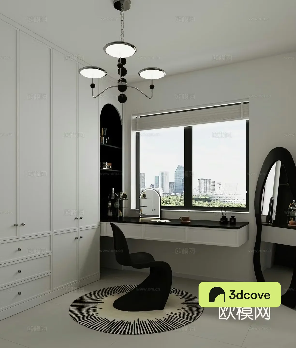 Modern minimalist black and white gray cloakroom and study room