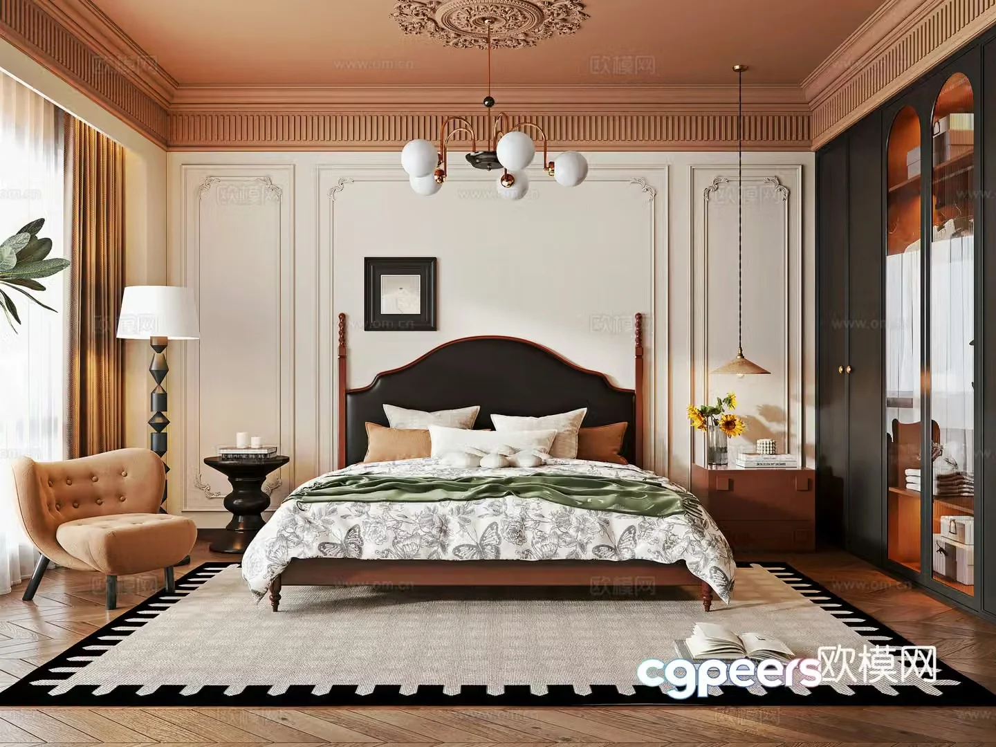 French medieval style bedroom bedside table bedside machine wardrobe bedroom chandeliers leisure chair sofa 3D model