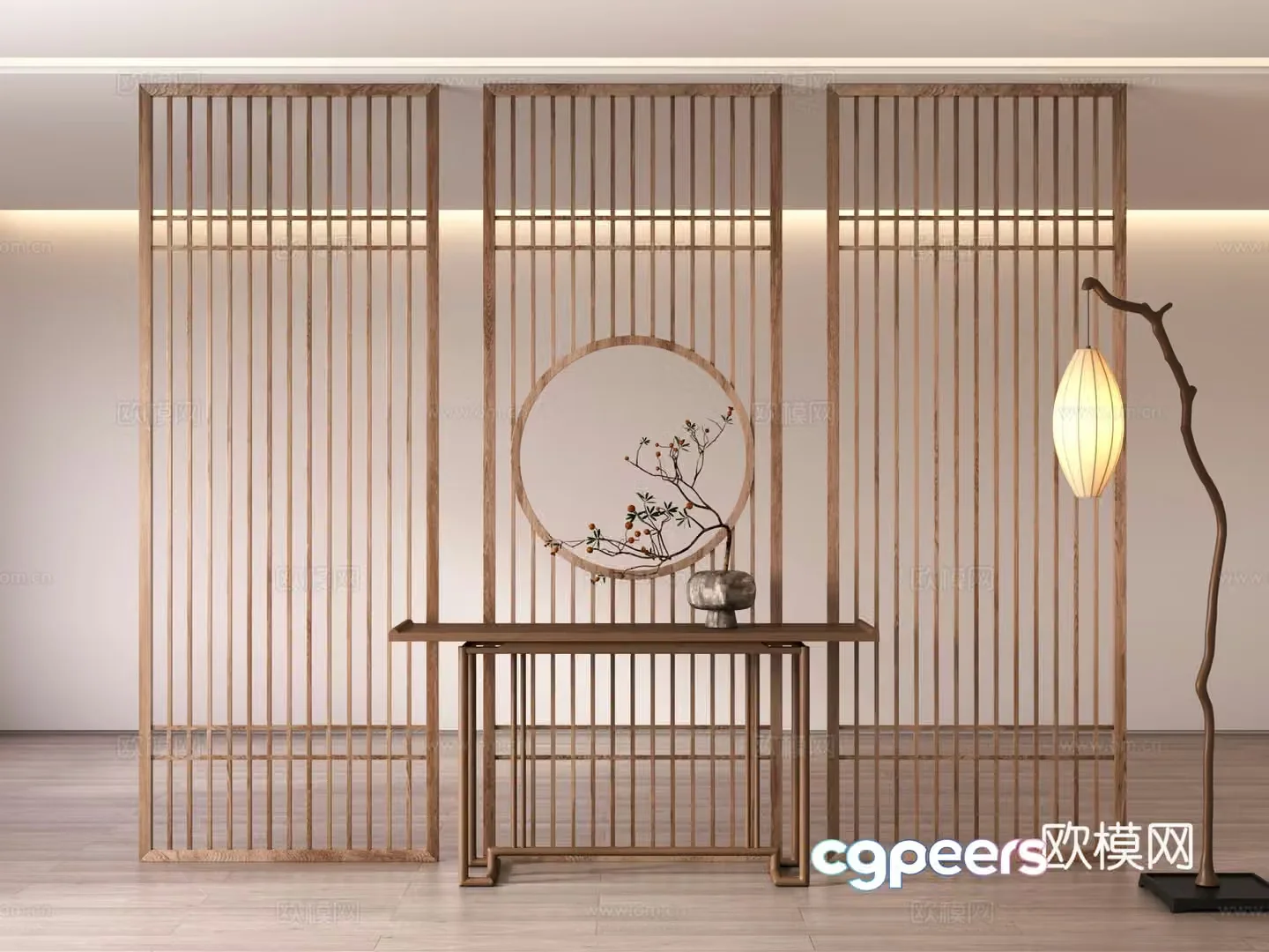 New Chinese grille partition end view strip floor lamp 3D model