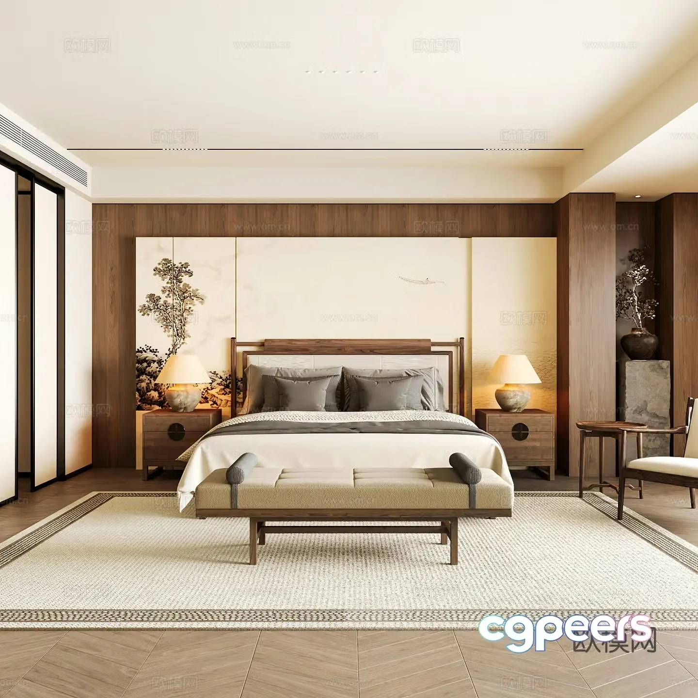 New Chinese style home bedroom Song family aesthetic bedroom Song style bedroom New Chinese style double bed 3D model